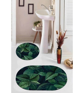 Yeşil Yaprak Temalı Oval Banyo Klozet Paspas Seti BS087