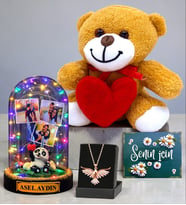 Kişiye Özel Renkli Işıklı Fanus & Anka Kuşu Kolye & Kalpli Peluş Ayıcık Seti (Model 5)