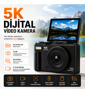 5K Dijital Video Kamera 75 MP 18X Zoom 3" Flip Ekranlı Fotoğraf Makinesi WiFi Özellikli Vlog Kamerası SD Kart Hediyeli