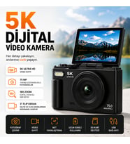 5K Dijital Video Kamera 75 MP 18X Zoom 3" Flip Ekranlı Fotoğraf Makinesi WiFi Özellikli Vlog Kamerası SD Kart Hediyeli