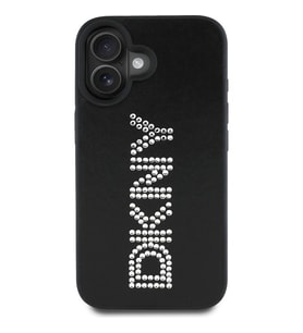 Apple iPhone 16 Uyumlu Kılıf DKNY Orjinal Lisanslı Taşlı DKNY Yazılı Metalik Rhinestones PU Deri Kapak (Siyah)
