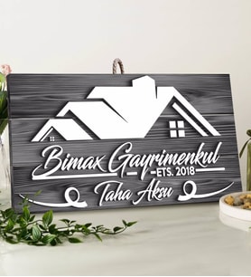 BK Gift Kişiye Özel Gayrimenkul Tasarımlı Gri Dekoratif Ahşap Tabela