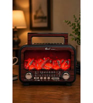 Fepe FP-2393-S Solar Panelli Nostaljik Radyo - Bluetooth Hoparlör ve Alev Efektli Gece Lambası