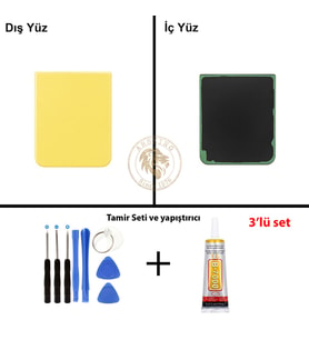 Samsung Galaxy Z Flip 4 Sarı Renk Arka Kapak + Tamir Seti + B7000 Yapıştırıcı Arka Cam Batarya Kapağı Pil Kapağı Lazer Kesim Back Cover Galaxy Z Flip 4 Uyumlu