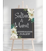 Söz Nişan Düğün İçin 50x70 Karşılama Panosu - Siyah ve Gold Çiçek Temalı 05