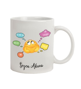 İsme Özel Emojili Kupa Bardak - Düşünceli ve Asık Surat Temalı (Beyaz)