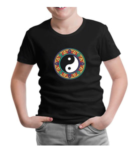 Yin Yan Symbol in the Middle of Mandala Design Siyah Çocuk Tshirt