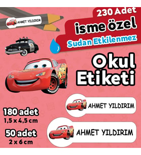 Şimşek McQueen Temalı Kişiye Özel İsimli Defter Kalem Okul Etiketi, Yırtılmaz PVC Etiket, Islanmaz
