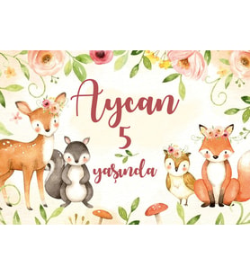 Sevimli Hayvanlar ve Çicekler Temalı Doğum Günü Afişi