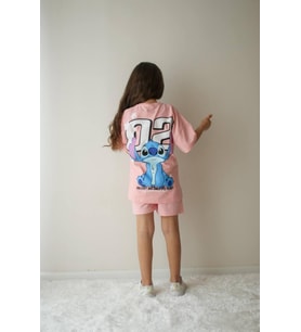 Cg Kids Stitch Sırt Baskı Detay Kız Çocuk Tshirt Şort Alt Üst Takım (Pembe)