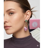 14 Ayar Gold Kaplama Zincir Detaylı Pembe Yeşil Mineli Sallantılı Küpe , Retro Tarz Küpe (Açık Pembe - Yeşil)
