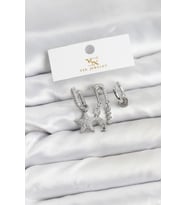 Pirinç Gümüş Renk Zirkon Taşlı Yıldız Vintage Model YSX Trio Küpe Seti - TJ-BKP11563