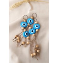 Nazar Boncuk Mavi Anahtarlık 5 Adet Kötü Göz Kovucu Ahşap Boncuklu Nazar Hand Made Hasır Nazarlı Anahtarlık