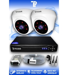 PICAM 2 Kameralı Dome 2 İç Kamera Set HDD'siz Full HD Gece Görüşlü Güvenlik Kamerası Sistemi