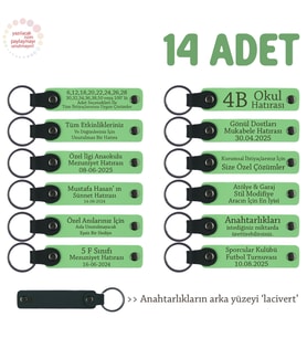 Kardeşlerden Anneye Vefa Hediyesi, 14'lü Takım, Kişiye Özel Yazılı Deri Anahtarlık, F Yeşil & Laci (Fıstık Yeşili)