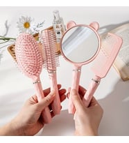 Yastık tarak seti HD ayna ile iğneli fırça plastik kolu kuaför tarak 4 Adet Hediyelik Kutusunda (Pembe)