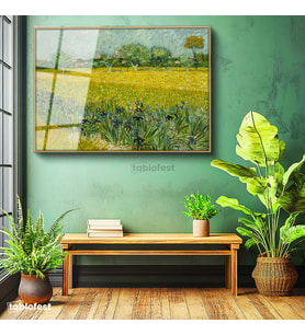 Altın Renk Metal Çerçeveli Tamperli Cam Tablo Van Gogh Buğday Tarlası Köy Ressam Tablosu Duvar Dekoru
