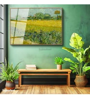 Altın Renk Metal Çerçeveli Tamperli Cam Tablo Van Gogh Buğday Tarlası Köy Ressam Tablosu Duvar Dekoru