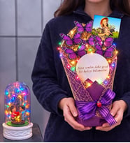 Size Özel Fotoğraflı Renkli Led Işıklı Aynalı Kelebek Buketi & Renkli Led Işıklı Fanuslu (Model 8)