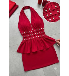 kadın kırmızı halter yaka taş detaylı mini boy dalgış kumaş peplum elbise NBDF265