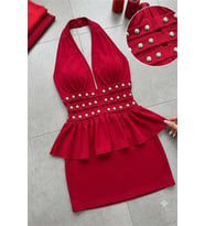 kadın kırmızı halter yaka taş detaylı mini boy dalgış kumaş peplum elbise NBDF265