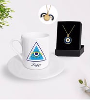 BK Gift Kişiye Özel Nazar Temalı Türk Kahvesi Fincanı ve Açılan Nazar Kolye Hediye Seti-4 (Model 1)