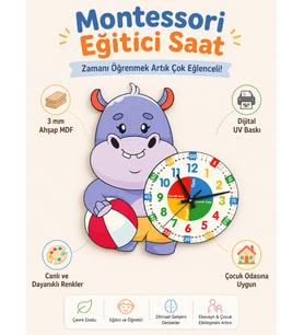 Sevimli Hipopotam Montessori Çocuk Odası Eğitici Ahşap Duvar Saati - "Zamanı Eğlenceli Öğrenin!"