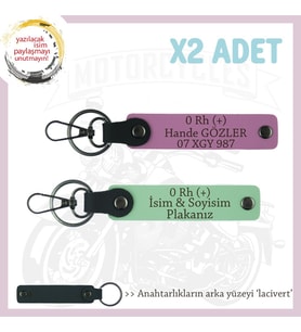 Ehliyeti Olana İsim Plaka ve 0 Rh (+) Kan Grubu Yazılı x2 Anahtarlık Set Hediyelik, Yeşil-Pembe-Laci (Çok Renkli)