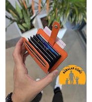 VİSSO 8600 Hakiki Deri Çıtçıtlı Akordeon Kartlık Kimlik Ve Kağıt Para Bölmeli Kişiye İsme Özel Bay Bayan Kartlık Çanta Yeni Özgün Model (Turuncu)
