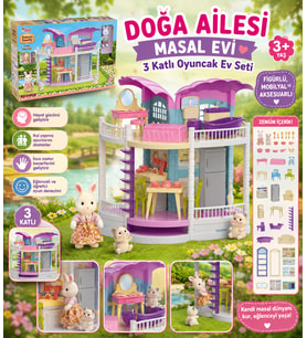 Doğa Ailesi Masal Evi 3 Katlı Oyuncak Ev Seti Figürlü, Mobilyalı ve Aksesuarlı