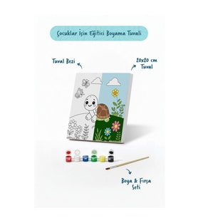Sevimli Kaplumbağa Temalı Çocuk Boyama Tuvali – Şövalesiz Eğitici Boyama Seti 20x20 cm