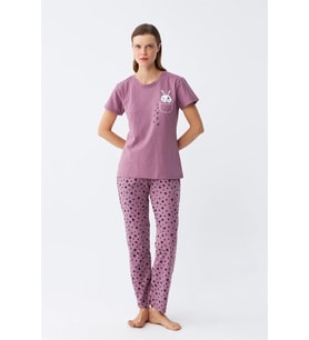 Kadın Mor Patili Tavşan Baskılı Cepli Pijama Takımı