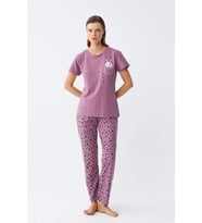 Kadın Mor Patili Tavşan Baskılı Cepli Pijama Takımı