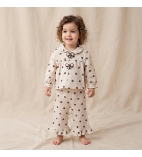 Kız Bebek Önden Çıtçıtlı Fiyonk Detaylı Müslin Kumaş Puantiyeli Takım - 6-9 AY / KREM