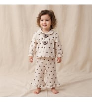 Kız Bebek Önden Çıtçıtlı Fiyonk Detaylı Müslin Kumaş Puantiyeli Takım - 6-9 AY / KREM