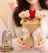 Kalpli Premium 2'li Kahve Peluş Ayıcık Buketi (Kişiye Özel Işıklı Unicornlu Fanus Hediyeli) (Model 4)