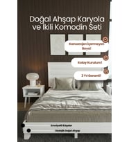 Hüma Model Yatay Başlıklı Masif Ahşap Karyola ve 2 Adet Komodin Kolay Kurulum Fırınlanmış İthal Sibirya Çamı 90x190 Yatak Uyumlu 2 Adet Komodin