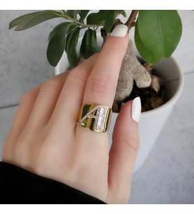 A Harfi Baget Taşlı Gold Kaplama Gümüş Yüzük
