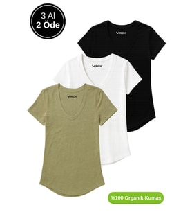 Kadın 3'lü Paket Siyah-Beyaz-Haki %100 Organik Pamuk Normal Kesim Tişört V Yaka T-Shirt