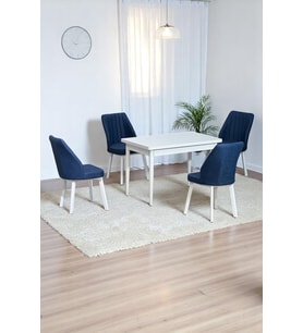 ARVEN Beyaz Sunta 70x110 Sabit Mutfak Masası Takımı Beyaz Metal Ayak 4 Lacivert Sandalye