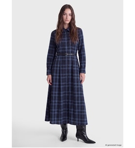 LCW Modest Lacivert Beli Kemerli Ekose Gömlek Elbise