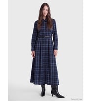 LCW Modest Lacivert Beli Kemerli Ekose Gömlek Elbise