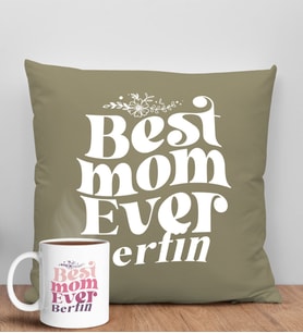 BK Gift Kişiye Özel İsimli Anneler Günü Tasarımlı Haki Kırlent Yastık ve Kupa Seti, Anneye Hediye, Ev Dekorasyonu, Anneler Günü Hediyesi-1