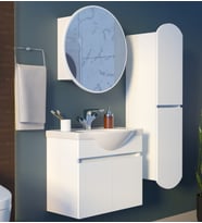 Erciyes Havlu Dolaplı 65cm Seramik Lavabolu MDF Oval Aynalı Banyo Dolabı (Parlak Beyaz)