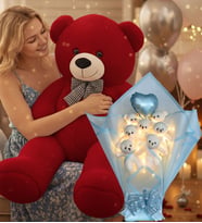 Sevgiliye Özel 90 cm Peluş Ayı ve LED’li Mavi Ayıcık Buketi Kalp Balonlu Sevgililer Günü Hediye Seti (Kırmızı)