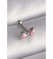 316L Çelik Gümüş Renk Pembe Kurdele Zirkon Taş Detay Tragus Piercing TJ-PR1295