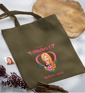 BK Gift Kişiye Özel Anneler Günü Karikatürlü Haki Kumaş Bez Çanta, Baskılı Omuz Çantası, Alışveriş Çantası, Anneye Hediye-5