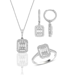 Söğütlü Silver Gümüş beyaz altın rodyumlu baget taşlı çizgili üçlü set