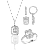 Söğütlü Silver Gümüş beyaz altın rodyumlu baget taşlı çizgili üçlü set