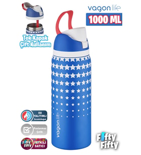 Vagonlife 1000 ML Tek Kapak Çift Kullanım Pipetli/Pipetsiz Taşıma Kulplu Çelik Termos -FFVGN045ML1000Desenli (Lacivert)